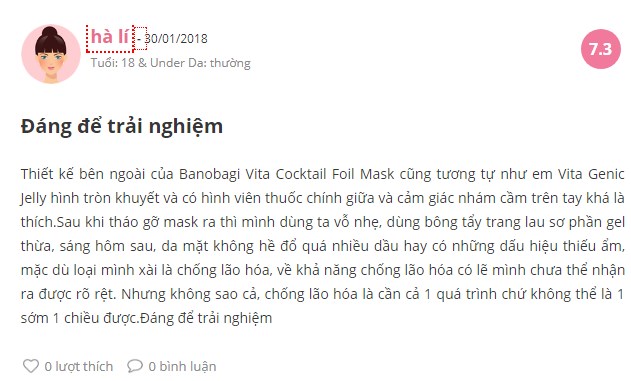 Mặt nạ Banobagi Vita Cocktail Foil Mask chống lão hóa