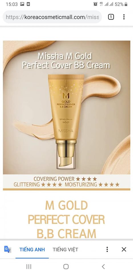 Kem nền Missha M Gold Perfect Cover BB Cream spf42/pa